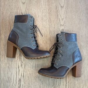 Timberland Gray Denim and Brown Leather Heeled Boots Women’s 7.5